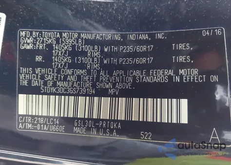 2016 Toyota Sienna Xle 8 Passenger z USA, uszkodzony, nr VIN 5TDYK3DC3GS739194